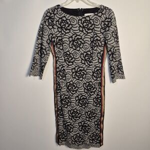 Nicole Miller New York 4 Black Ivory Lace Sheath Dress Lined 3/4 Sleeve Stripe